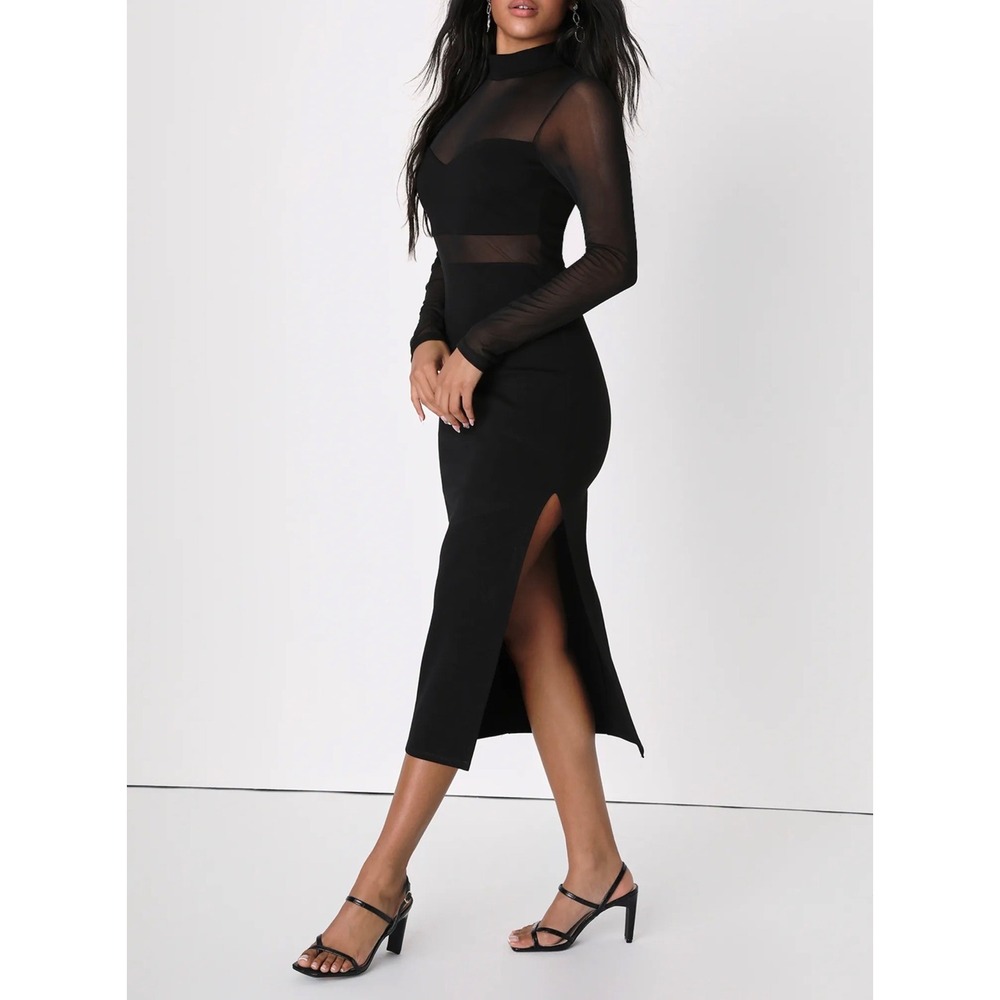 Lulus Sensational Soiree Black Mesh Long Sleeve Bodycon Midi Dress Small 2691 - Picture 3 of 10